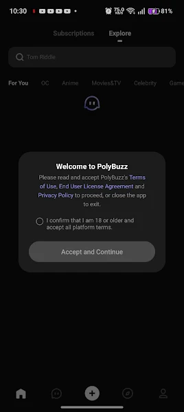 Poly AI APK screenshot showing the main chat screen on Android